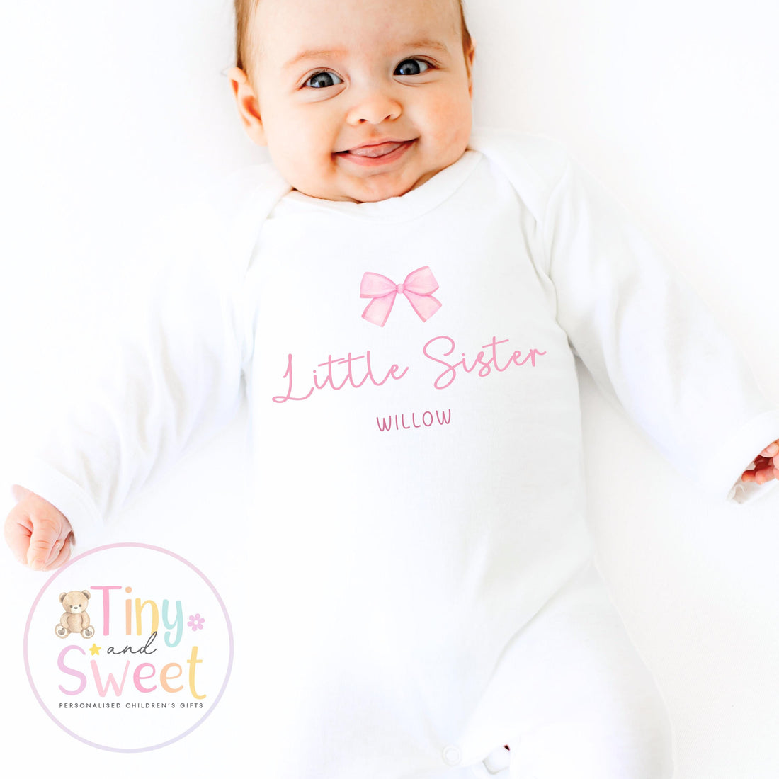 Personalised Adorable Little/Big Sister Sleepsuit T Shirt: Pink Bow Design for Newborn Baby Announcement &amp; Sibling Gift