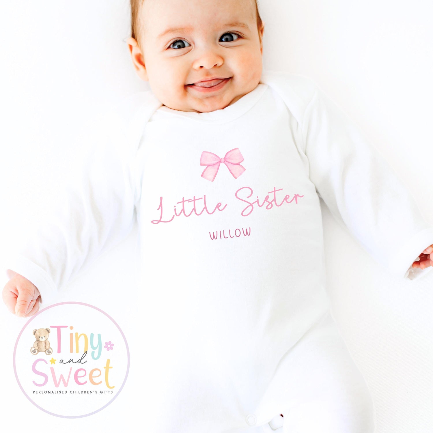 Personalised Adorable Little/Big Sister Sleepsuit T Shirt: Pink Bow Design for Newborn Baby Announcement &amp; Sibling Gift
