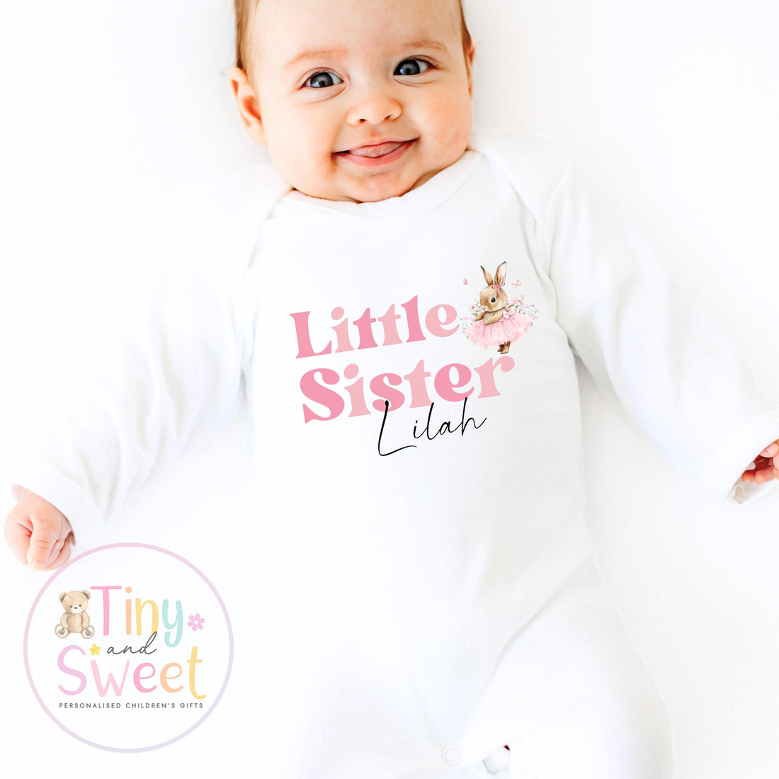 Personalised Adorable Little/Big Sister Sleepsuit T Shirt: Pink Bunny Design for Newborn Baby Announcement &amp; Sibling Gift