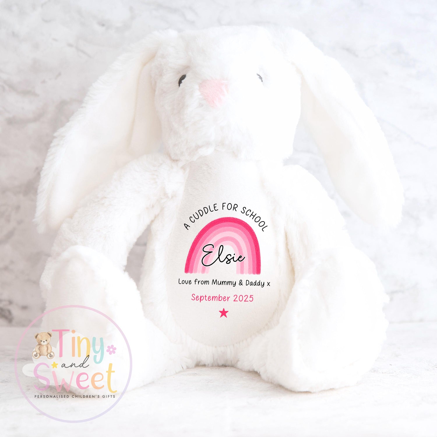 First Day of School Bunny – Custom Name Plush Toy – Cuddle Bunny Gift for Kids Starting Nursery or School - Cuddle Toy Gift with Name