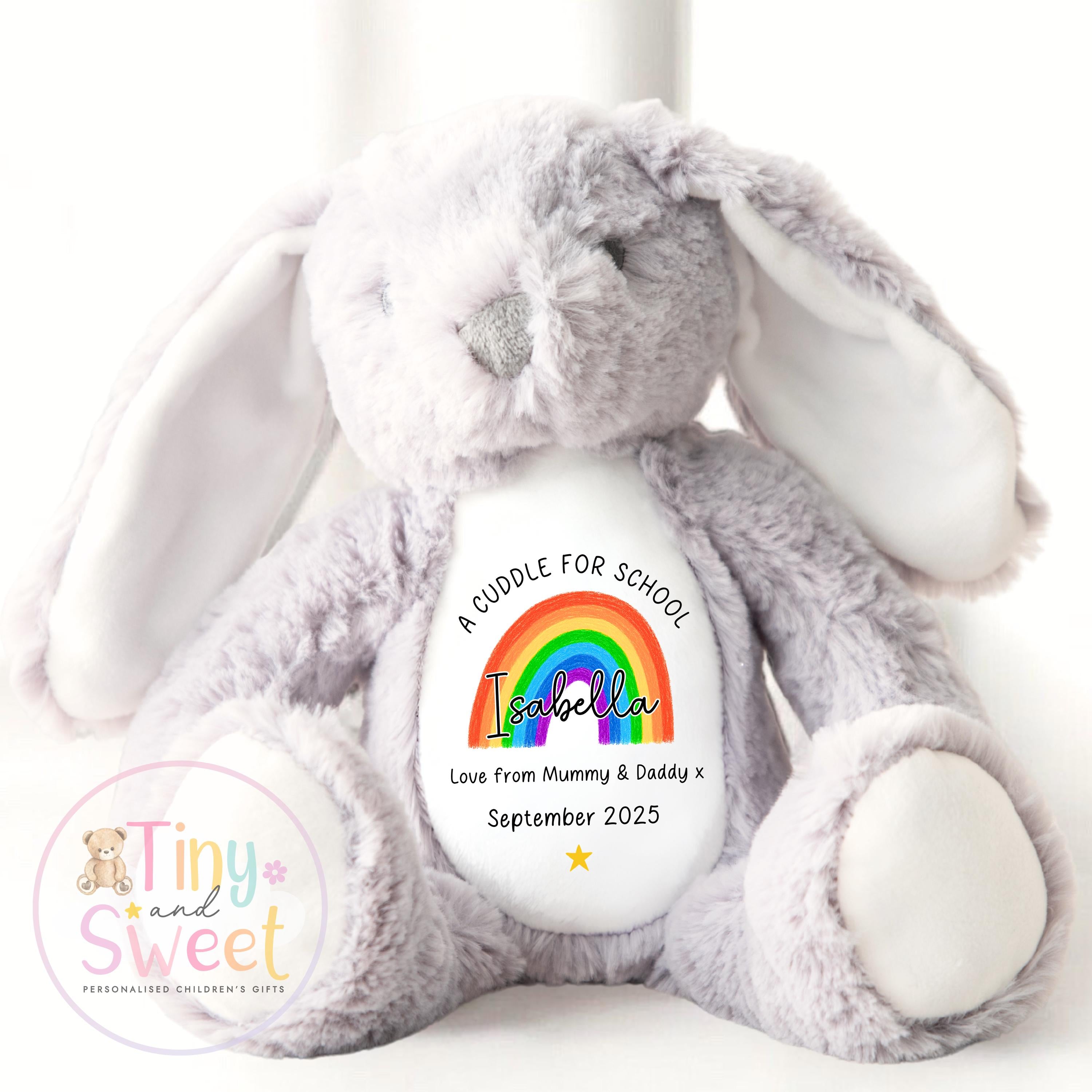 First Day of School Bunny – Custom Name Plush Toy – Cuddle Bunny Gift for Kids Starting Nursery or School - Cuddle Toy Gift with Name