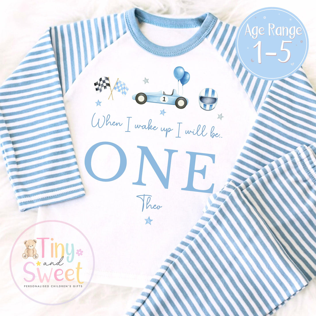 Personalised Racing Car Pyjamas, Blue Birthday Racing Pyjamas, When i wake up i&