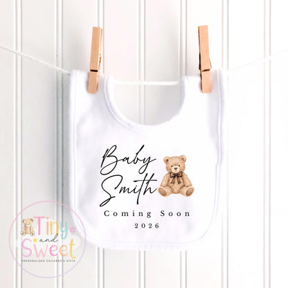 Personalised Baby Announcement Bodysuit: Pregnancy Reveal Outfit for Family, Custom Teddy Bear Coming Soon Vest