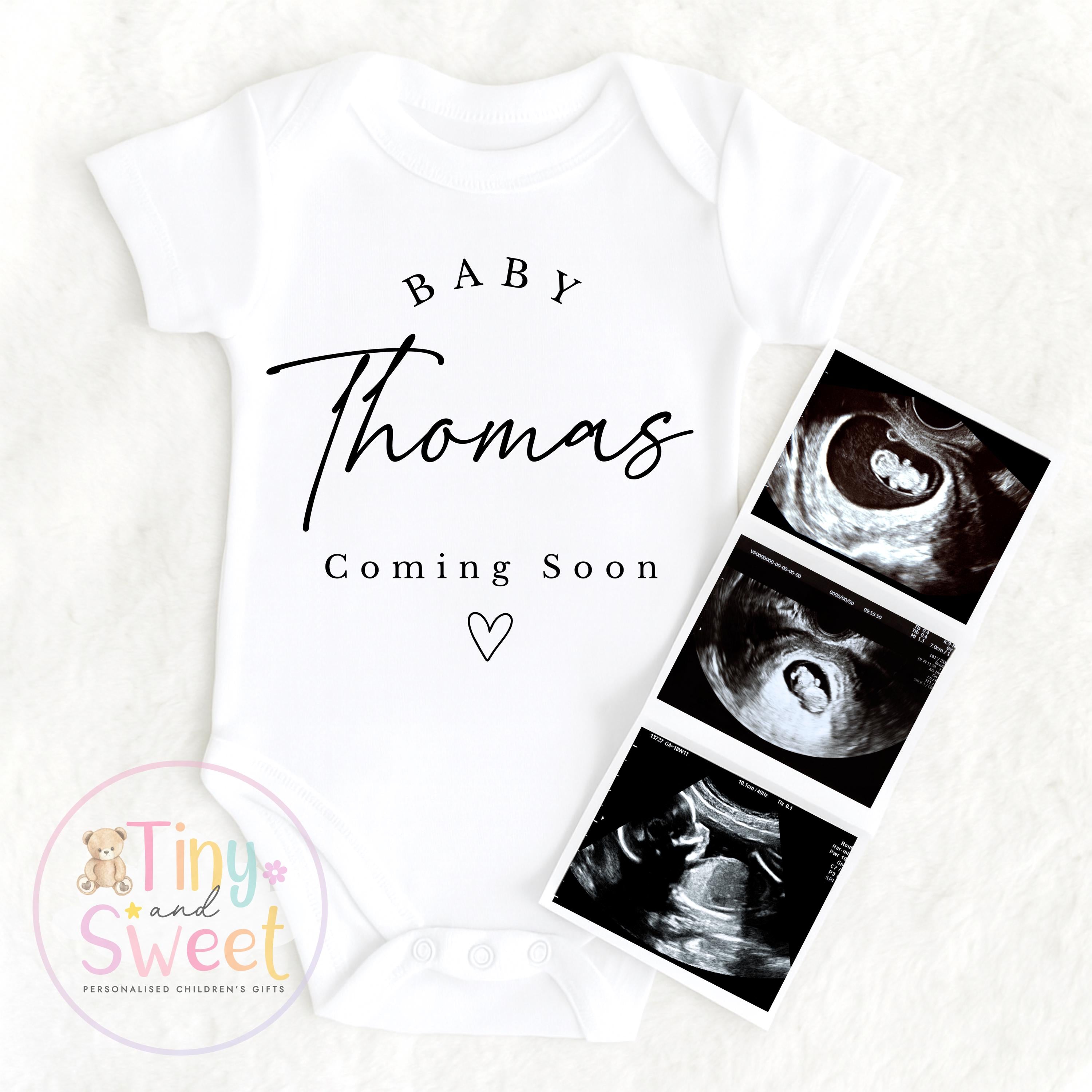 Personalised Baby Announcement Bodysuit: Pregnancy Reveal Outfit for Family, Custom Coming Soon Vest