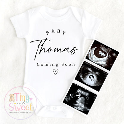 Personalised Baby Announcement Bodysuit: Pregnancy Reveal Outfit for Family, Custom Coming Soon Vest