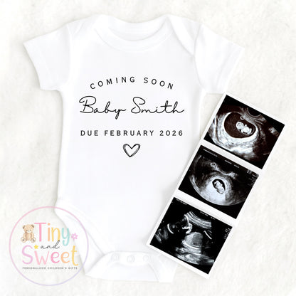 Personalised Baby Bodysuit for Pregnancy Announcement - Custom Surname &amp; Due Date Reveal Gift