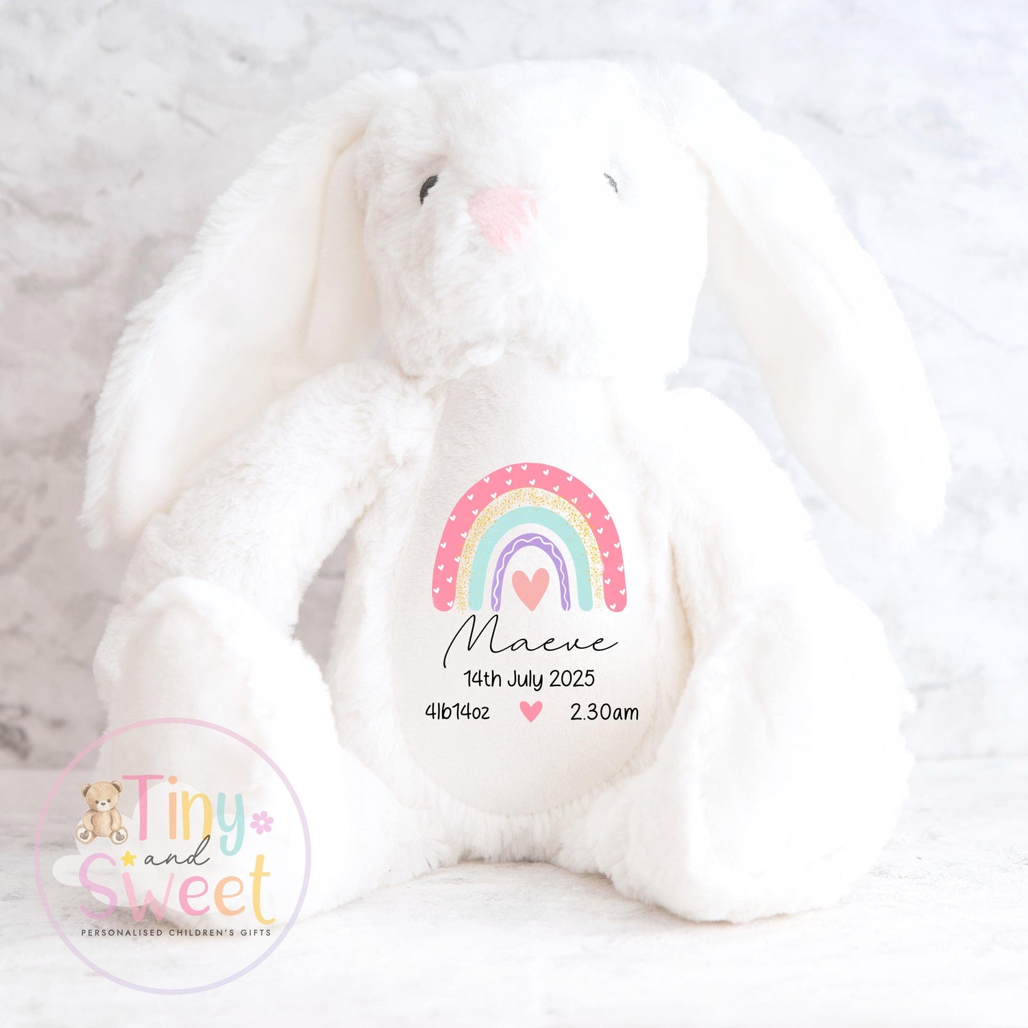 Personalised Birth Stat Bunny, Rainbow New Baby Gift, Newborn Baby Gift, Personalised Rainbow Bunny with Birth Details