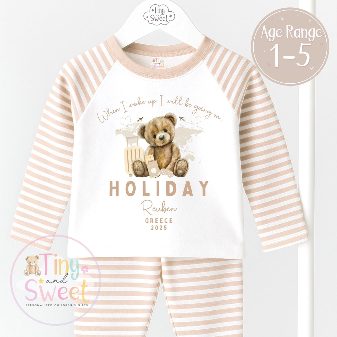 Beige Bear Holiday Short and T-Shirt Personalised Pyjamas