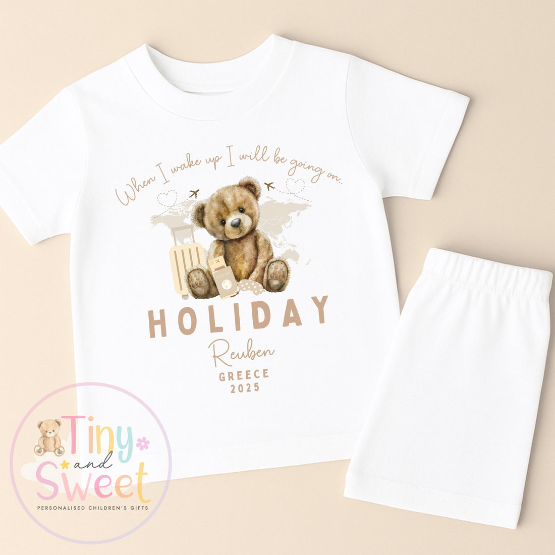 Beige Bear Holiday Short and T-Shirt Personalised Pyjamas