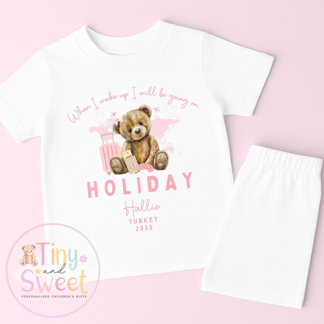 Pink Bear Holiday Short and T-Shirt Personalised Pyjamas