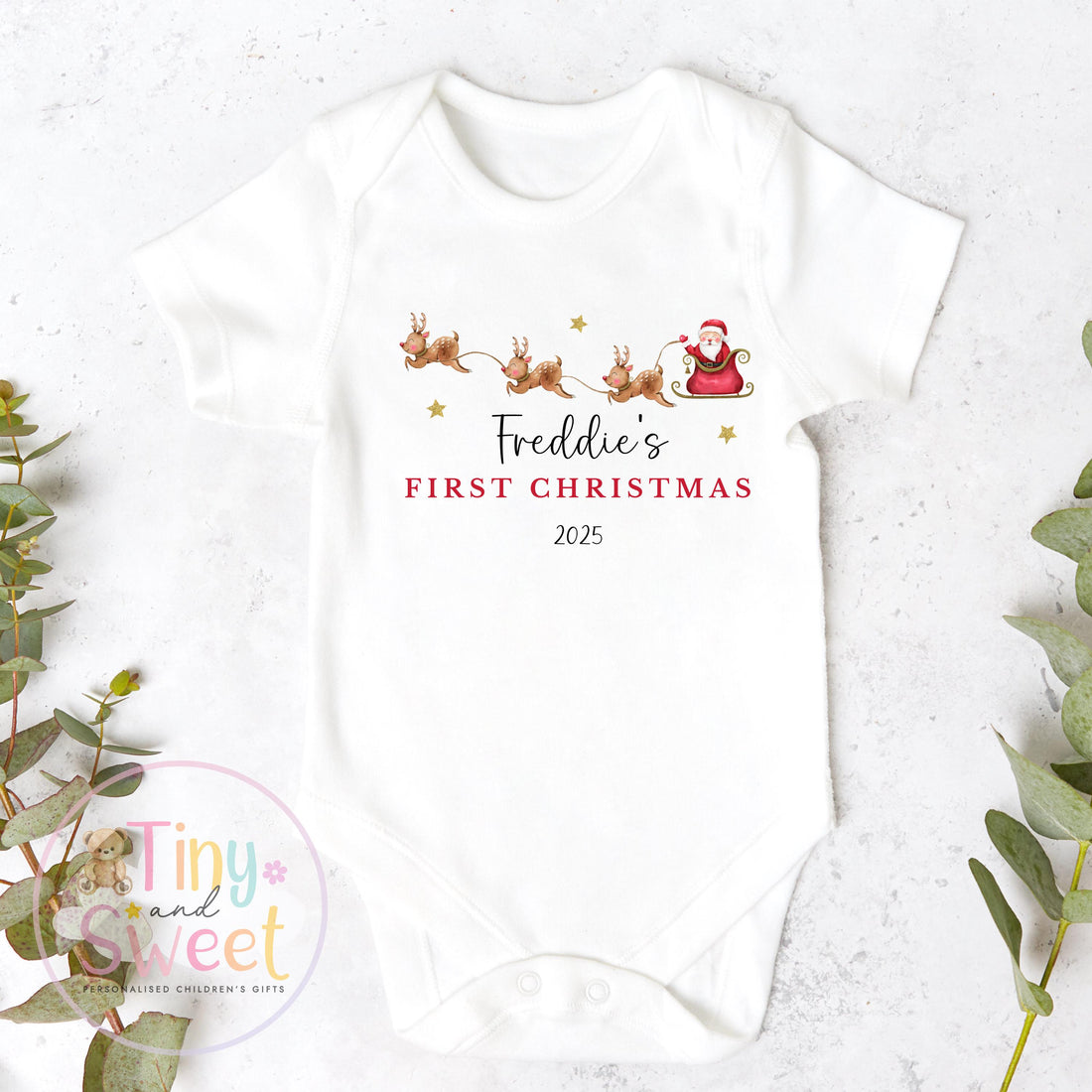 My First Christmas Personalised Baby Vest, Sleepsuit or Bib – Custom Name 100% Cotton Outfit, Festive Newborn Keepsake Gift, Babies 1st xmas
