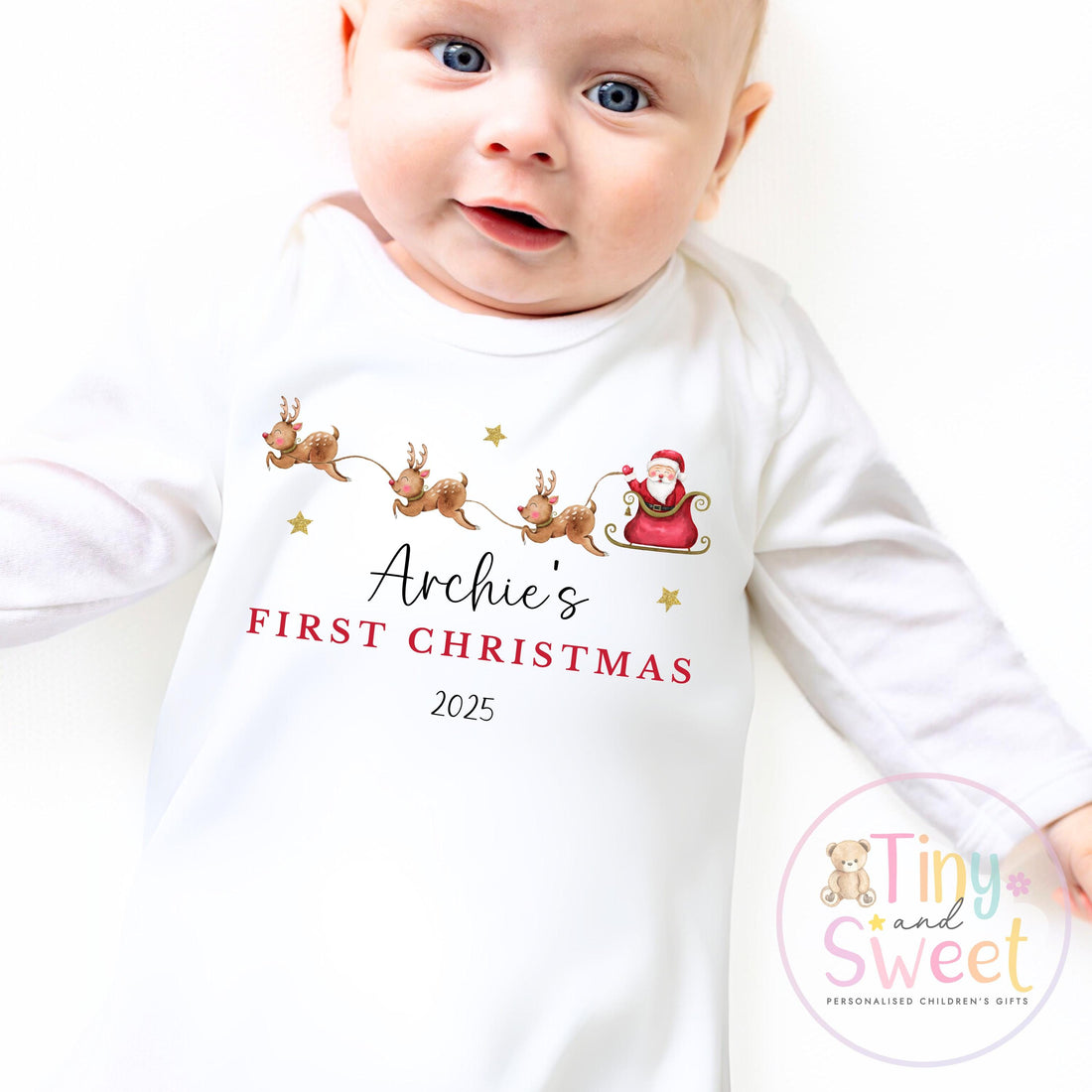 My First Christmas Personalised Baby Vest, Sleepsuit or Bib – Custom Name 100% Cotton Outfit, Festive Newborn Keepsake Gift, Babies 1st xmas