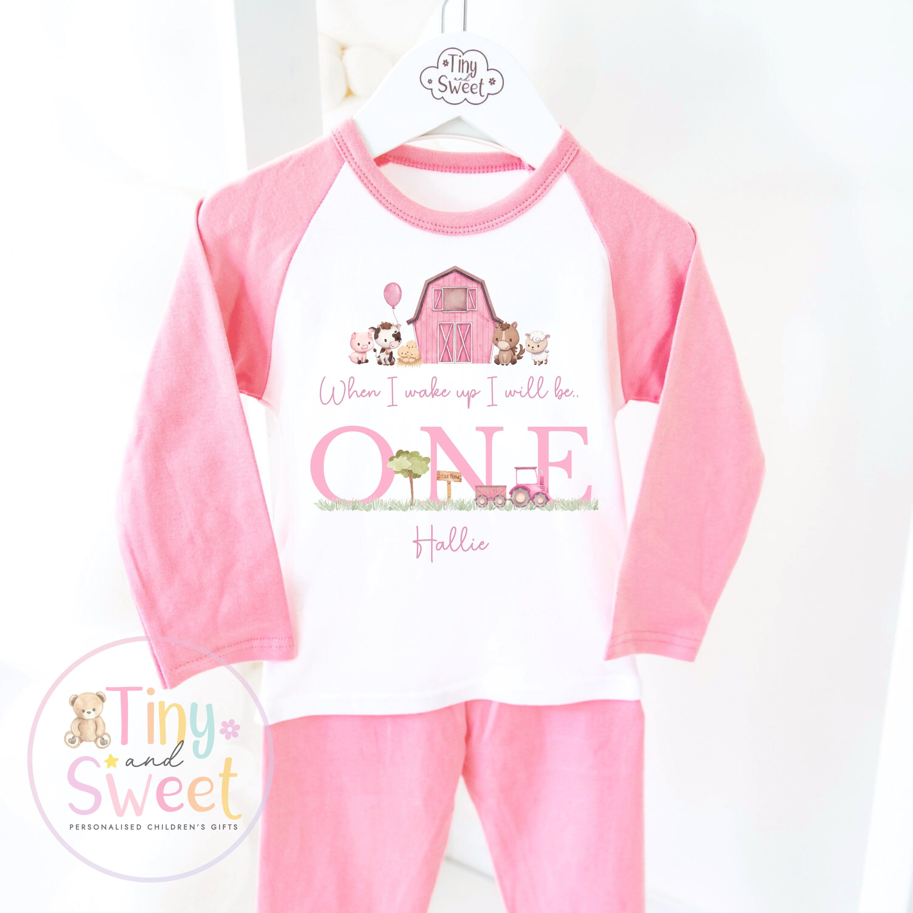 Pink Farm Animal Pyjamas - When I wake up Pjs - Girls Farm Birthday Pjs - First Birthday Pjs - Second Birthday Pjs - Baby girls Pink Pyjamas