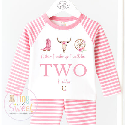 Cowgirl Birthday Pyjamas, When I Wake Up I’ll Be, Rodeo Western PJs – When I Wake Up I’ll Be 1, 2, 3, Personalised Cowgirl Birthday Pyjamas