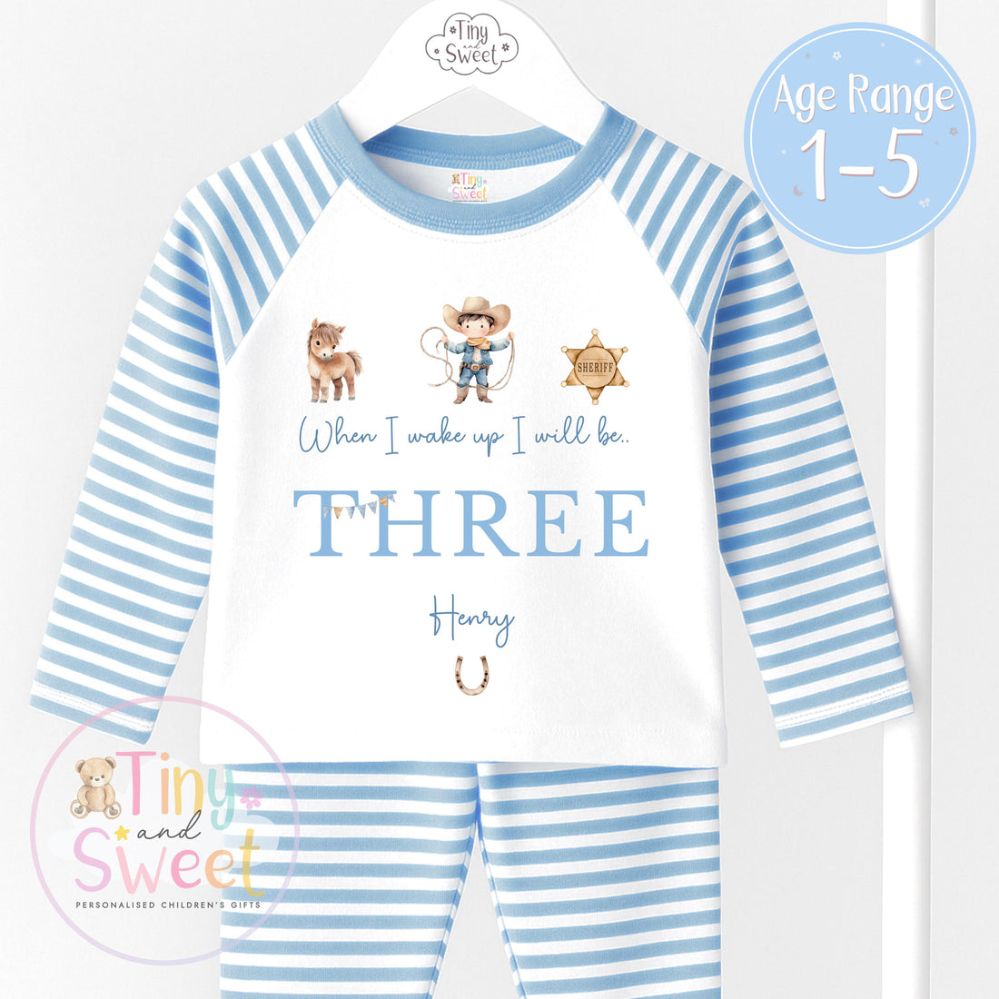 Cowboy Birthday Pyjamas, When I Wake Up I’ll Be, Rodeo Western PJs – When I Wake Up I’ll Be 1, 2, 3, Personalised Cowboy Woody Birthday Pjs