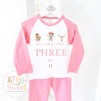 Cowgirl Birthday Pyjamas, When I Wake Up I’ll Be, Rodeo Western PJs – When I Wake Up I’ll Be 1, 2, 3, Personalised Cowgirl Birthday Pyjamas
