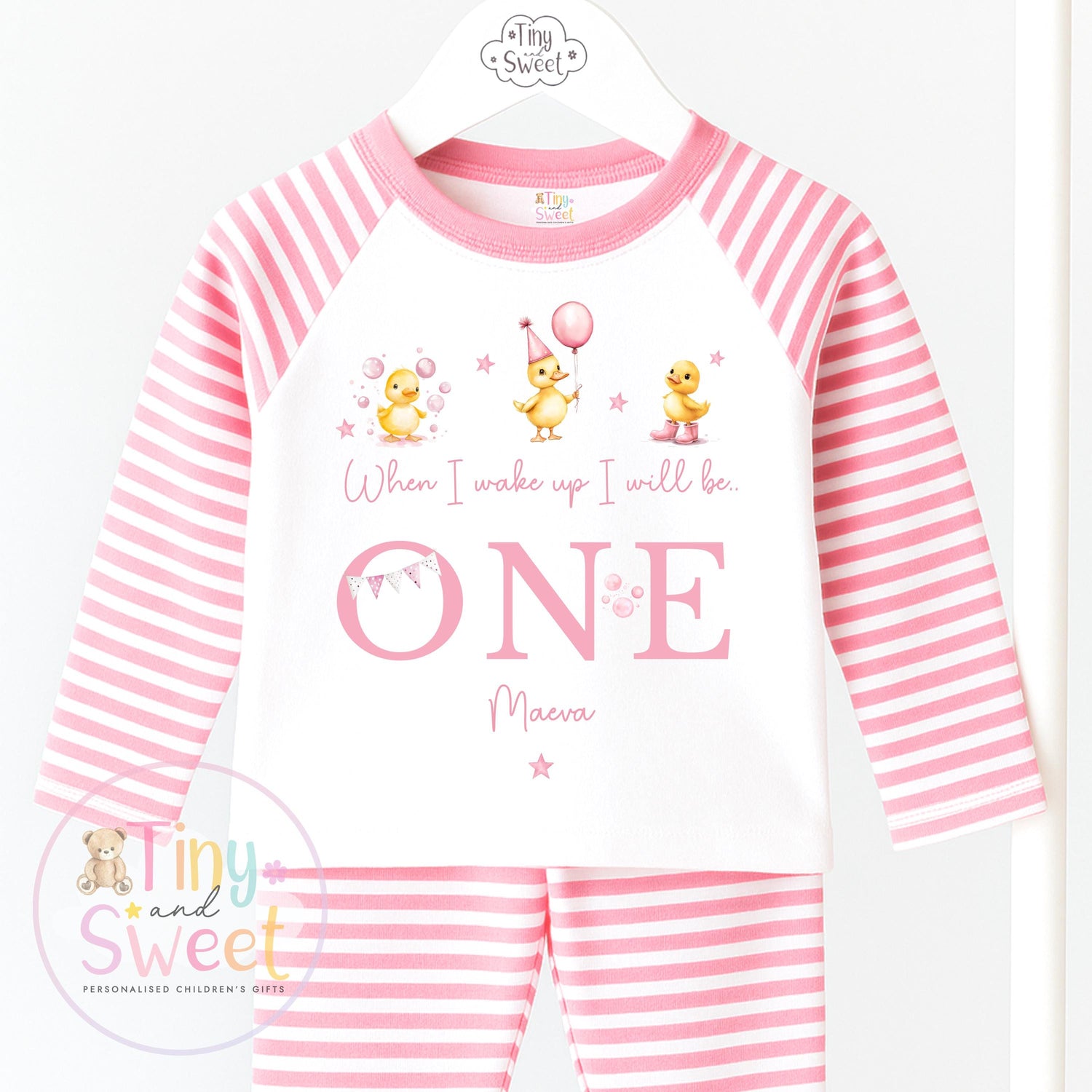 Duck Birthday Pyjamas, When I Wake Up I’ll Be, Pink Duck PJs – When I Wake Up I’ll Be 1, 2, 3, Personalised Pink Duck Birthday Pyjamas