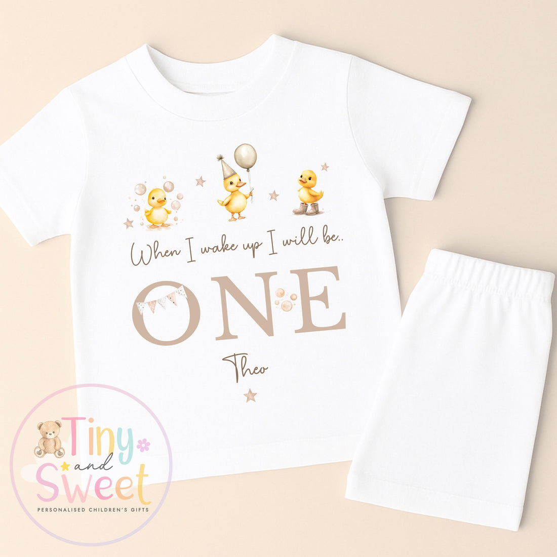 Duck Beige Birthday Pyjamas, When I Wake Up I’ll Be, Duck PJs – When I Wake Up I’ll Be 1, 2, 3, Personalised Duck Birthday Pyjamas