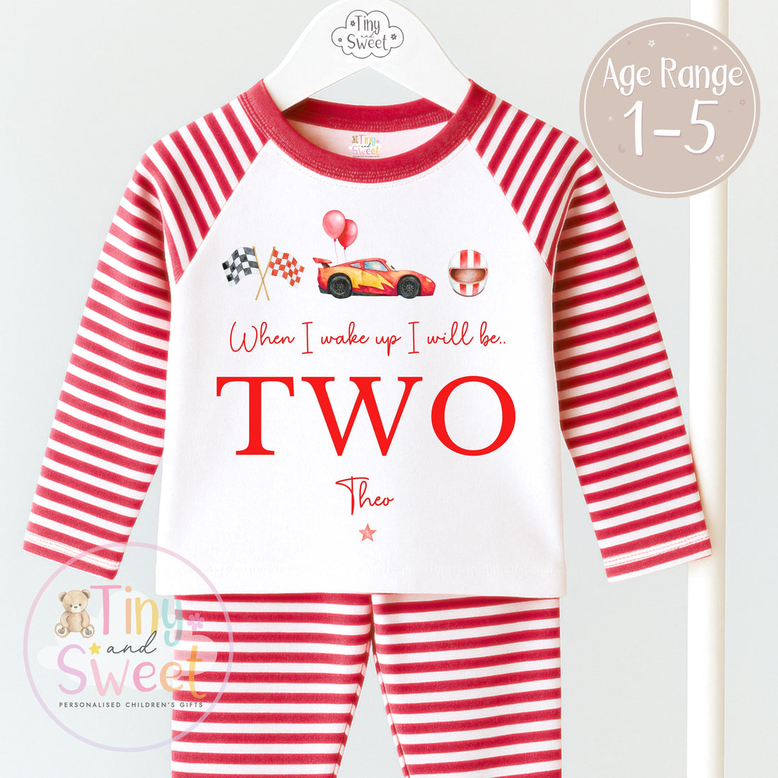 Personalised Red Lightning Racing Car Pyjamas, Blue Birthday Racing Pyjamas, When i wake up i&