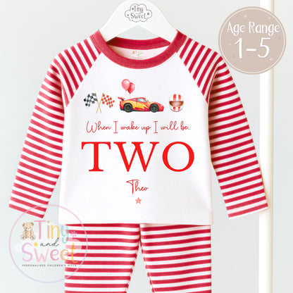 Personalised Red Lightning Racing Car Pyjamas, Blue Birthday Racing Pyjamas, When i wake up i&