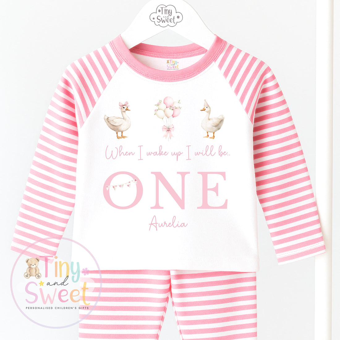 Goose Birthday Pyjamas, When I Wake Up I’ll Be, Pink Goose PJs – When I Wake Up I’ll Be 1, 2, 3, Personalised Pink Goose Birthday Pyjamas