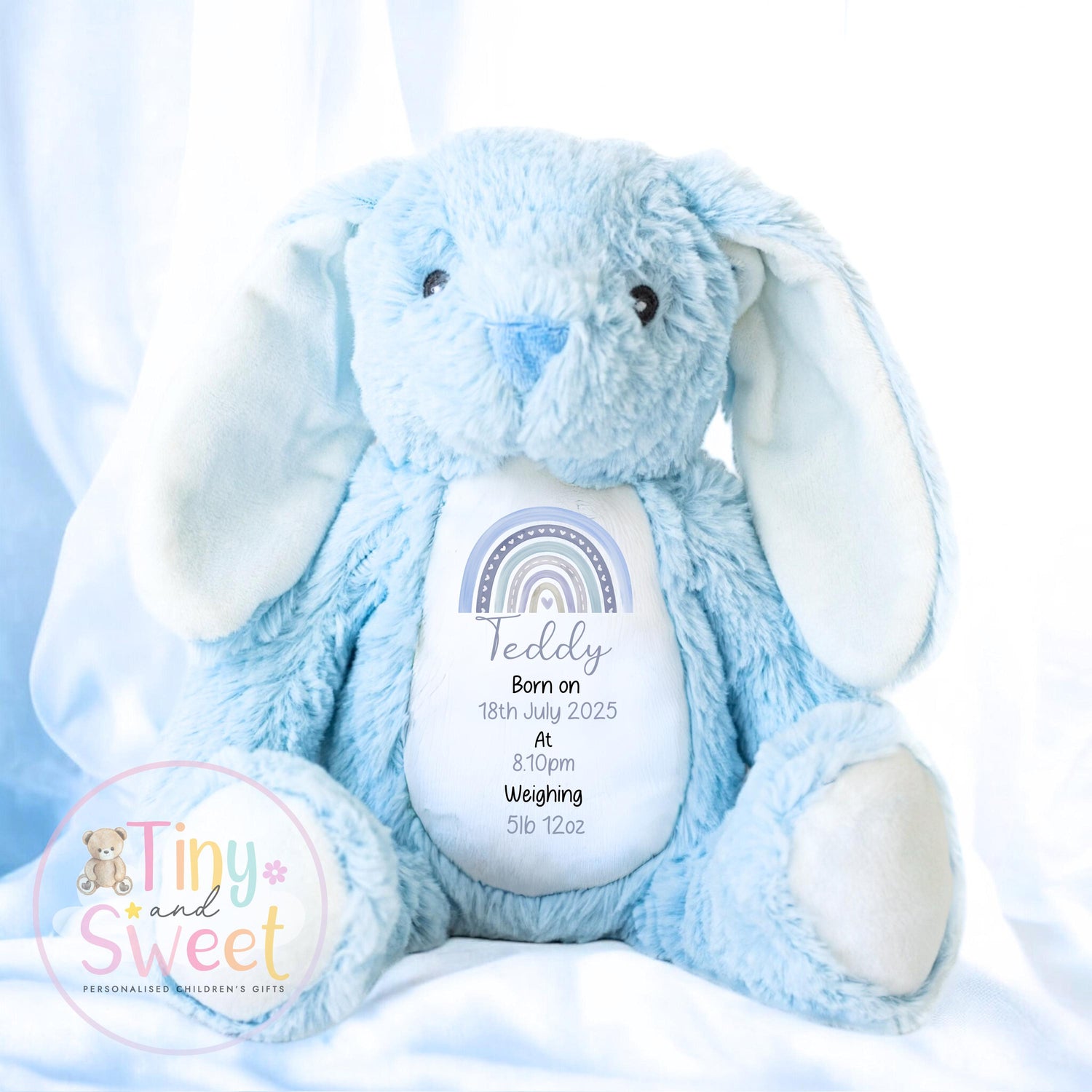 Personalised Birth Stat Bunny, Rainbow New Baby Gift, Newborn Baby Gift, Personalised Rainbow Bunny with Birth Details