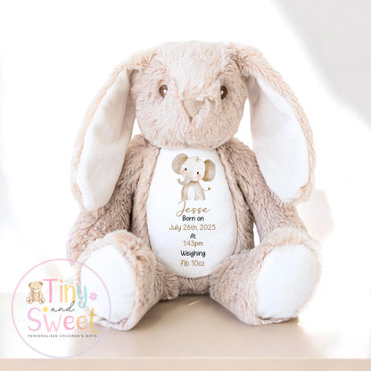 Personalised Birth Stat Safari Bunny, Newborn Baby Gift, Custom Soft Toy for Newborn, Birth Stats Soft Toy Keepsake, Personalised New Baby