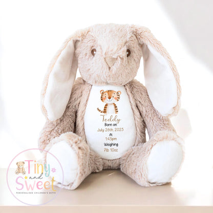 Personalised Birth Stat Safari Bunny, Newborn Baby Gift, Custom Soft Toy for Newborn, Birth Stats Soft Toy Keepsake, Personalised New Baby