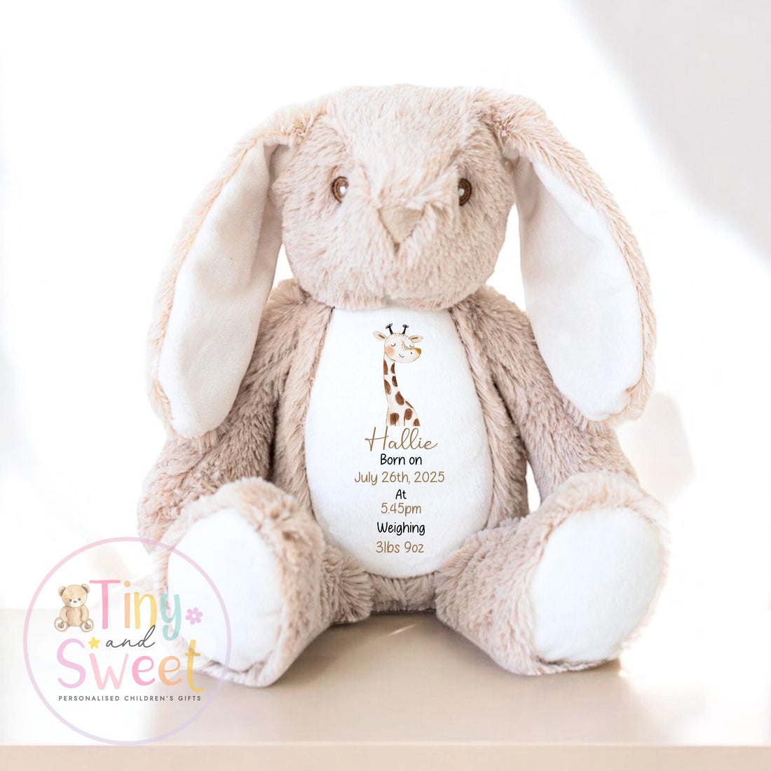 Personalised Birth Stat Safari Bunny, Newborn Baby Gift, Custom Soft Toy for Newborn, Birth Stats Soft Toy Keepsake, Personalised New Baby