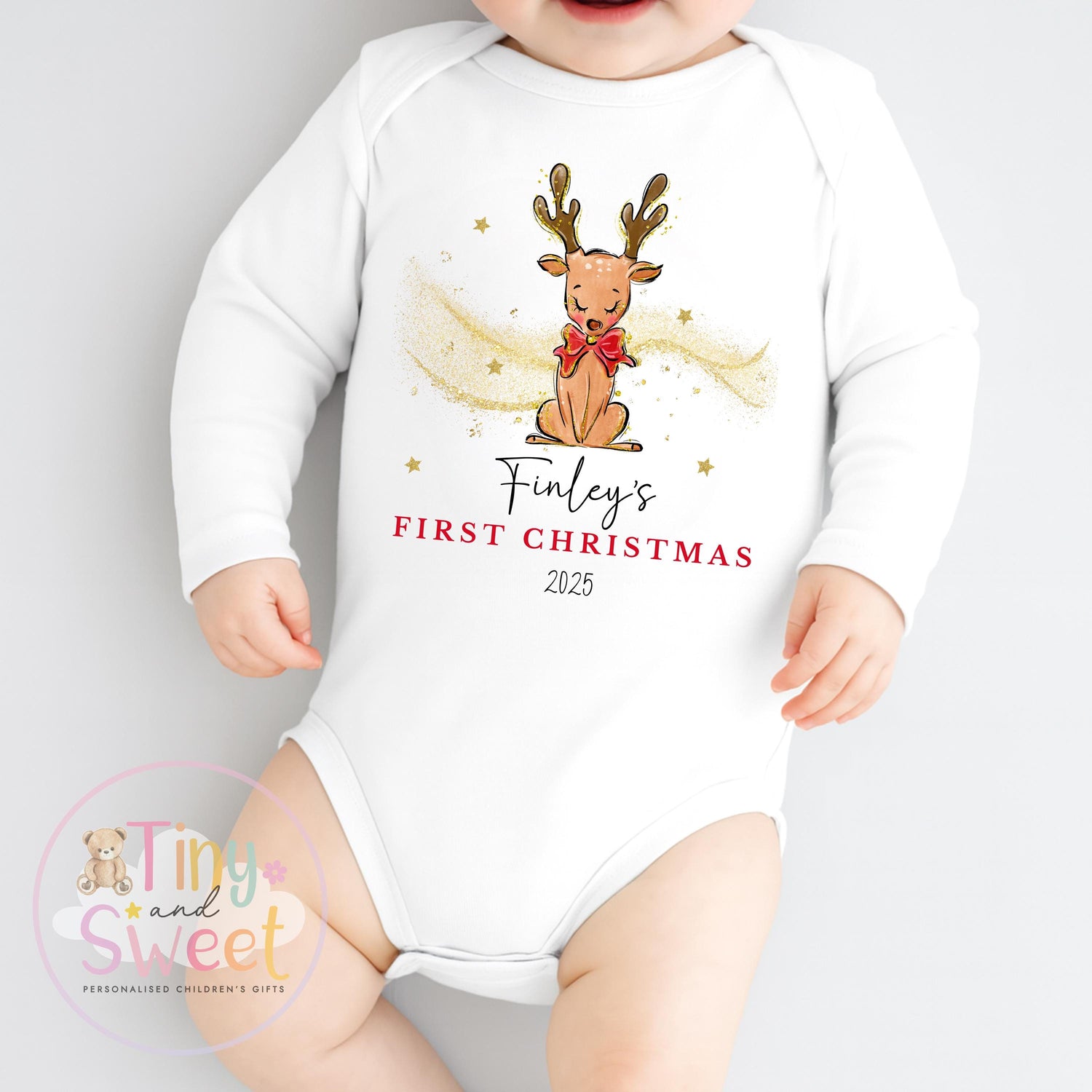 Personalised Reindeer Babies First Christmas Sleepsuit
