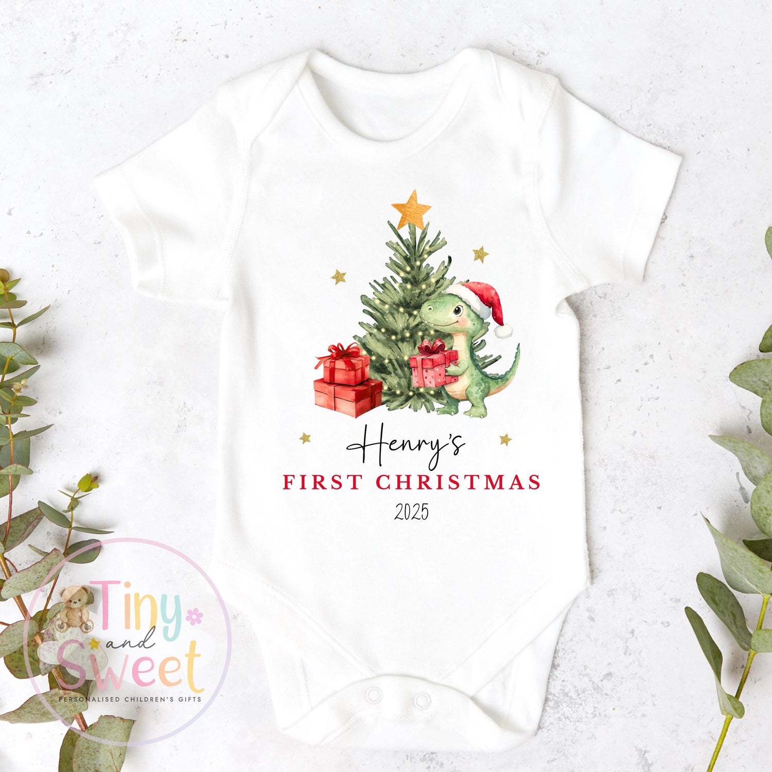 Personalised Babies First Christmas Dinosaur Sleepsuit, Babies 1st Xmas Gift Idea, Pyjamas, 1st Xmas Babygrow, Christmas Outfit for baby