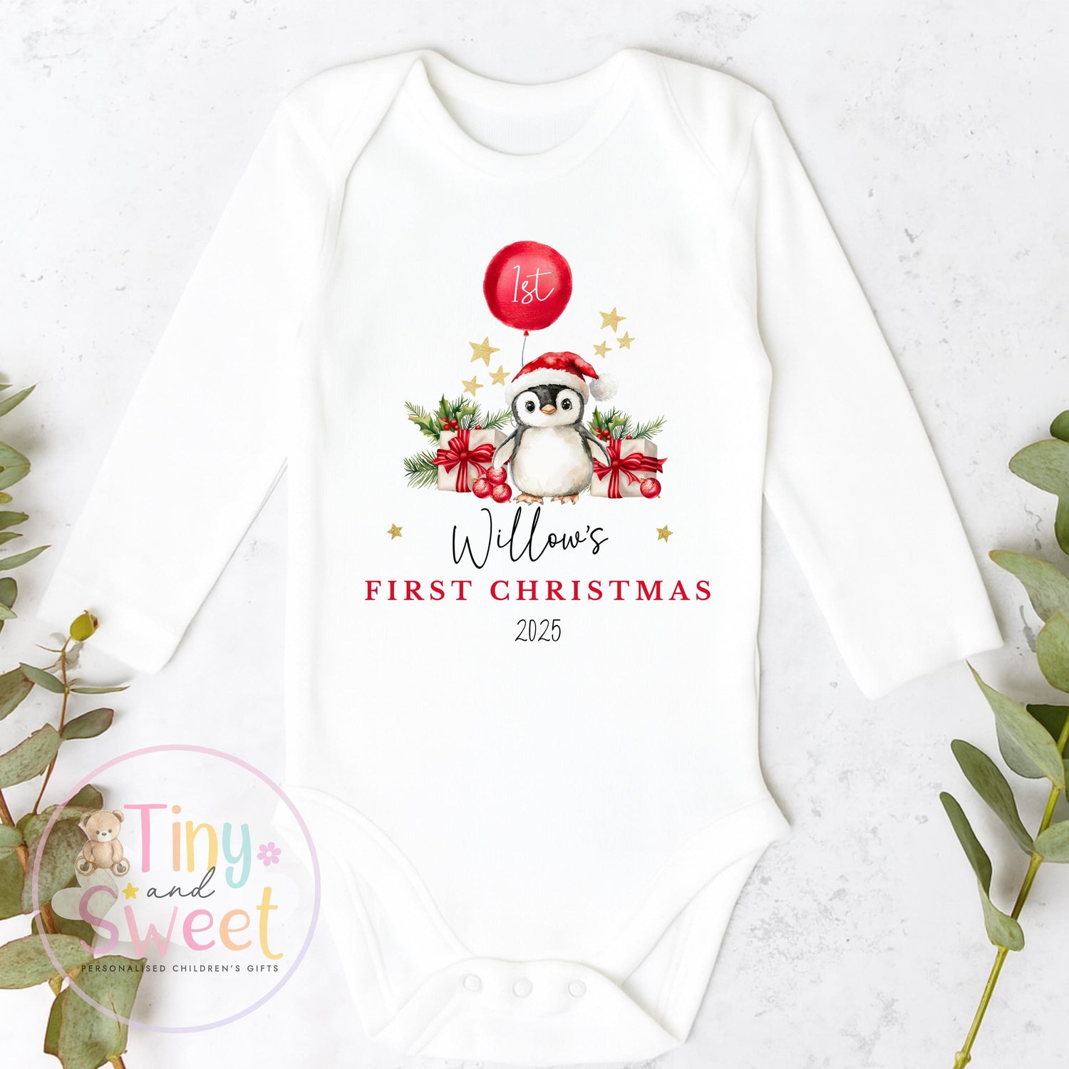 Personalised Babies First Christmas Penguin Sleepsuit, Babies 1st Xmas Gift Idea, Pyjamas, 1st Xmas Babygrow, Christmas Outfit for baby