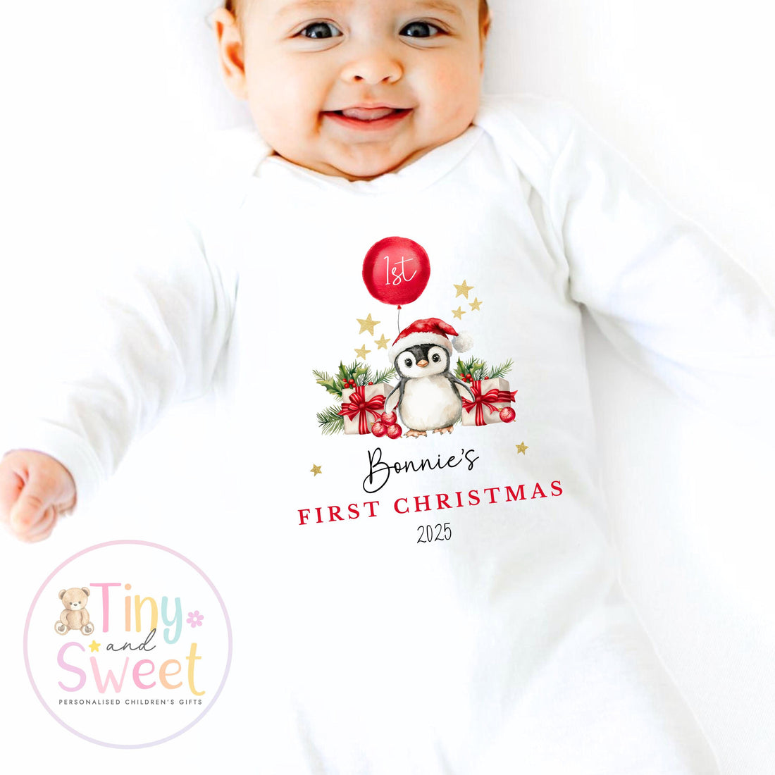 Personalised Babies First Christmas Penguin Sleepsuit, Babies 1st Xmas Gift Idea, Pyjamas, 1st Xmas Babygrow, Christmas Outfit for baby