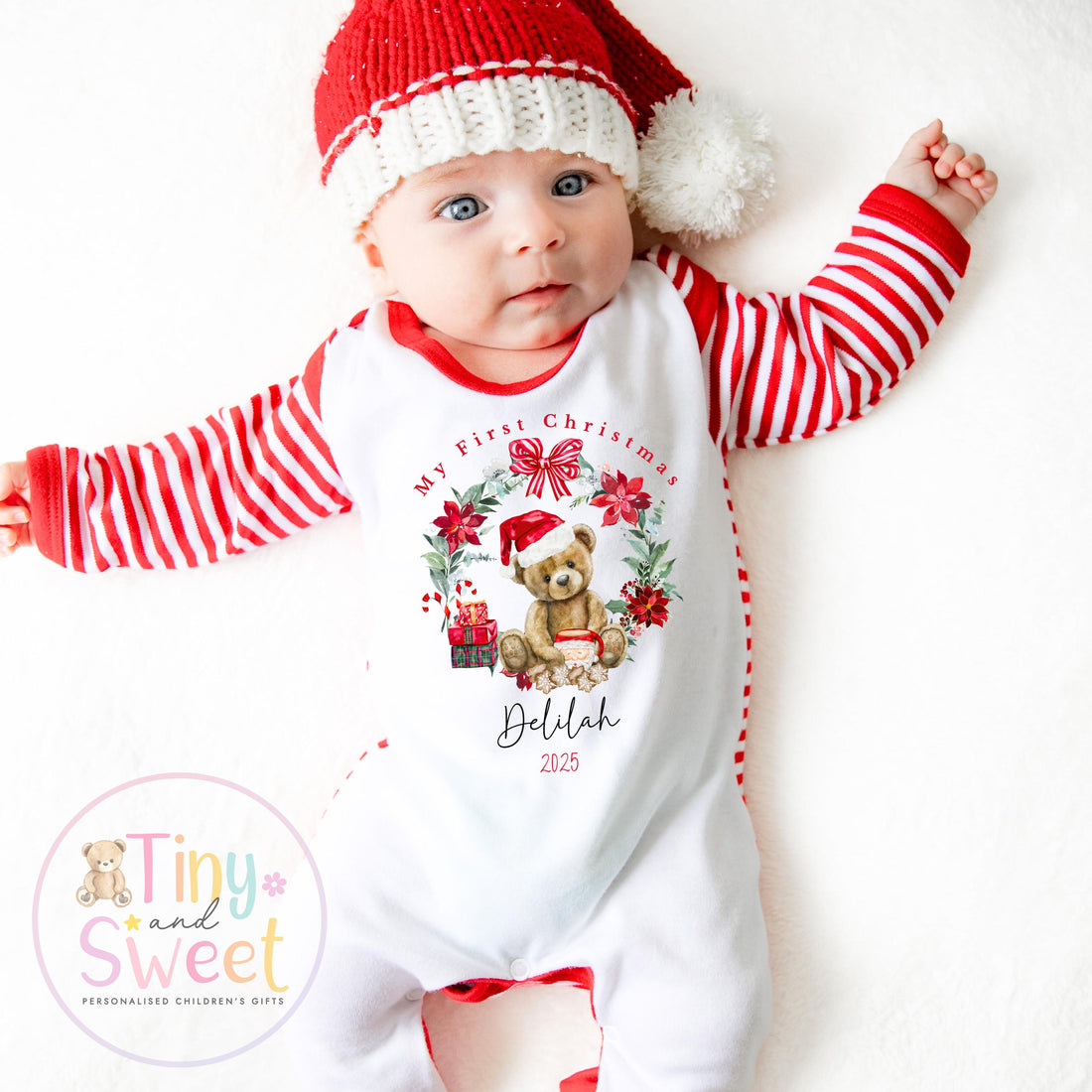Personalised Babies First Christmas Teddy Bear Sleepsuit, Babies 1st Xmas Gift Idea, Pyjamas, 1st Xmas Babygrow, Christmas Outfit for baby