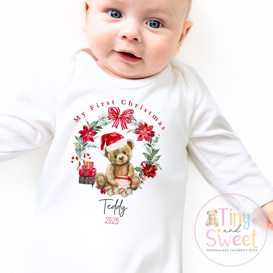 Personalised Babies First Christmas Teddy Bear Sleepsuit, Babies 1st Xmas Gift Idea, Pyjamas, 1st Xmas Babygrow, Christmas Outfit for baby