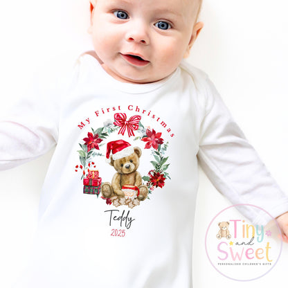 Personalised Babies First Christmas Teddy Bear Sleepsuit, Babies 1st Xmas Gift Idea, Pyjamas, 1st Xmas Babygrow, Christmas Outfit for baby