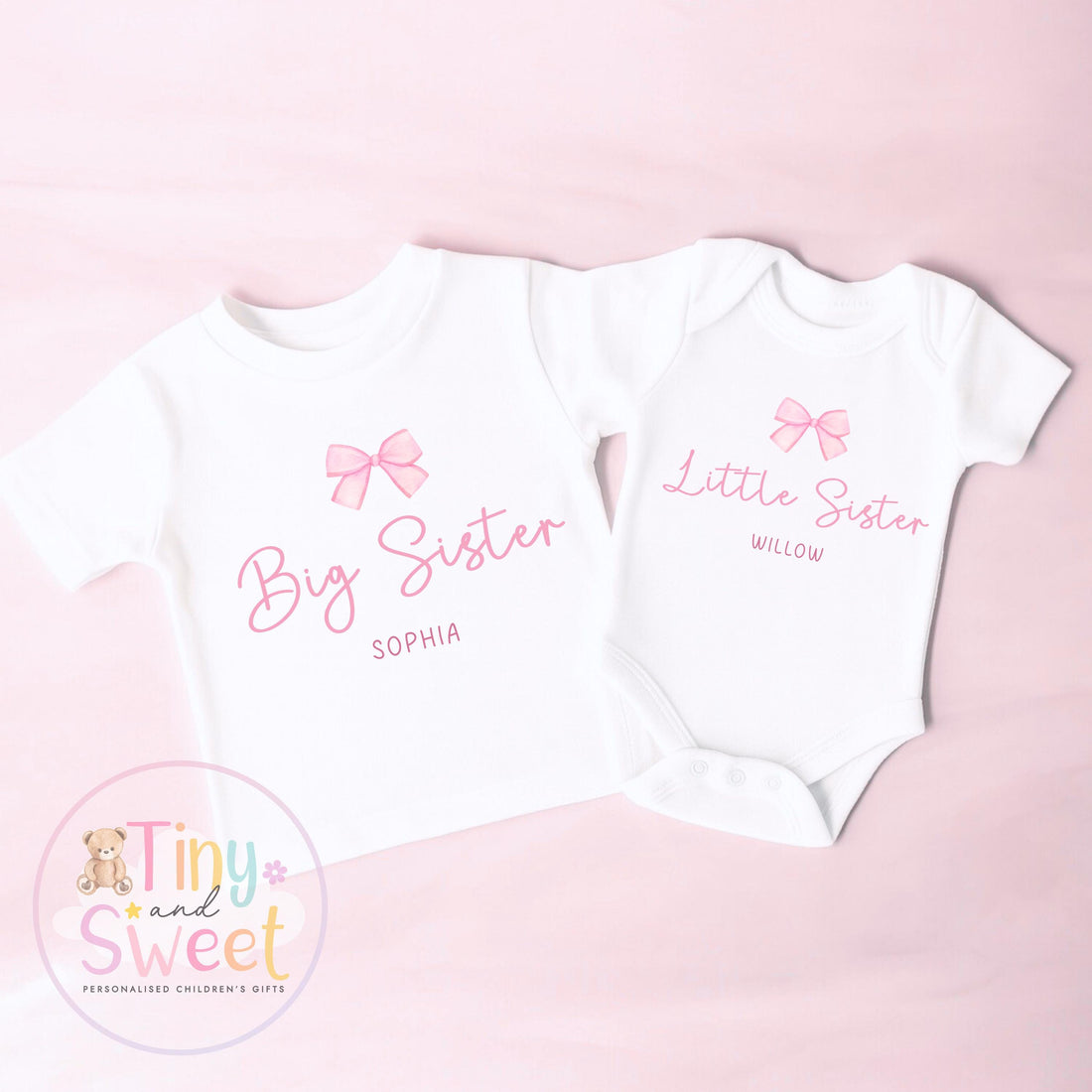 Personalised Adorable Little/Big Sister Sleepsuit T Shirt: Pink Bow Design for Newborn Baby Announcement &amp; Sibling Gift