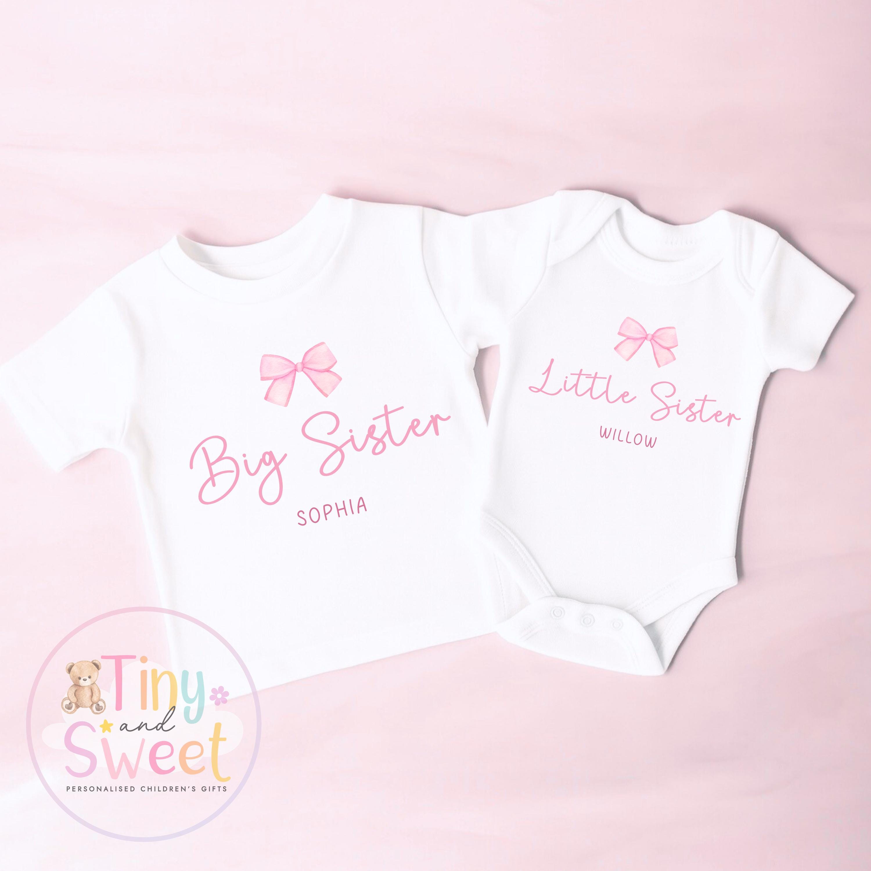 Personalised Adorable Little/Big Sister Sleepsuit T Shirt: Pink Bow Design for Newborn Baby Announcement &amp; Sibling Gift