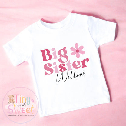 Pink Flower Big Sister T-Shirt: Cute Pregnancy Announcement Gift for Siblings Welcoming New Baby