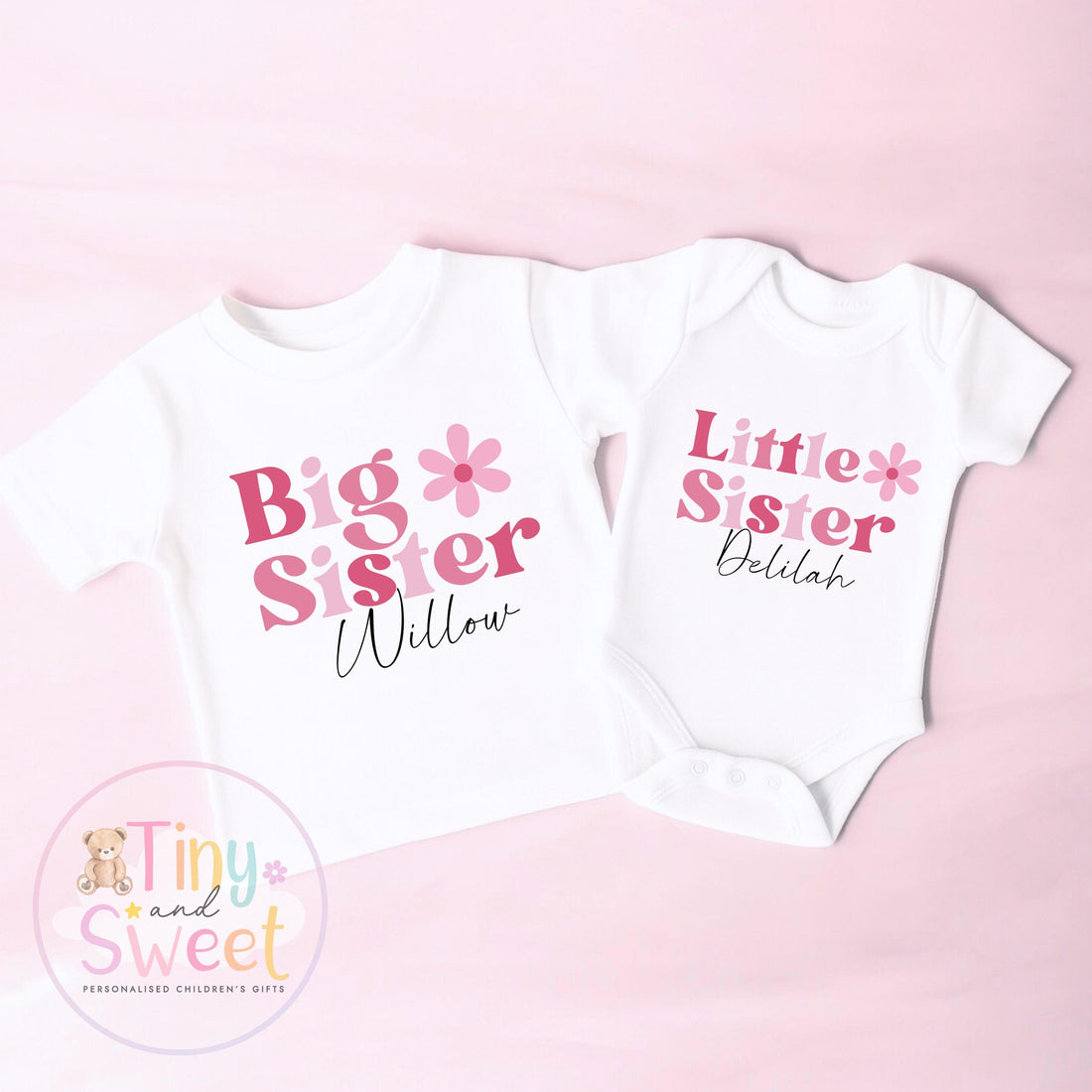 Personalised Adorable Little/Big Sister Sleepsuit T Shirt: Pink Flower Design for Newborn Baby Announcement &amp; Sibling Gift