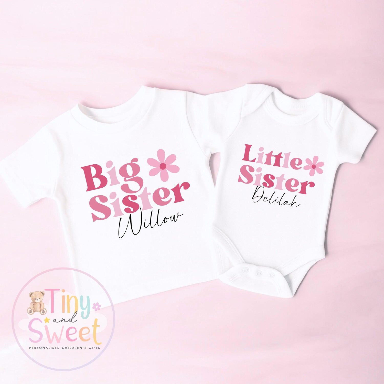 Personalised Adorable Little/Big Sister Sleepsuit T Shirt: Pink Flower Design for Newborn Baby Announcement &amp; Sibling Gift