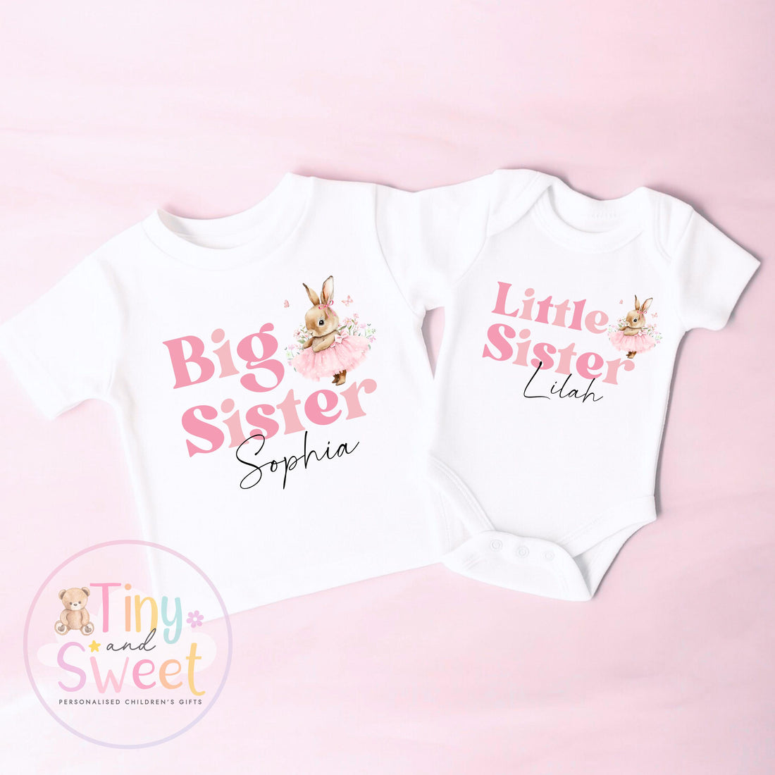 Personalised Adorable Little/Big Sister Sleepsuit T Shirt: Pink Bunny Design for Newborn Baby Announcement &amp; Sibling Gift