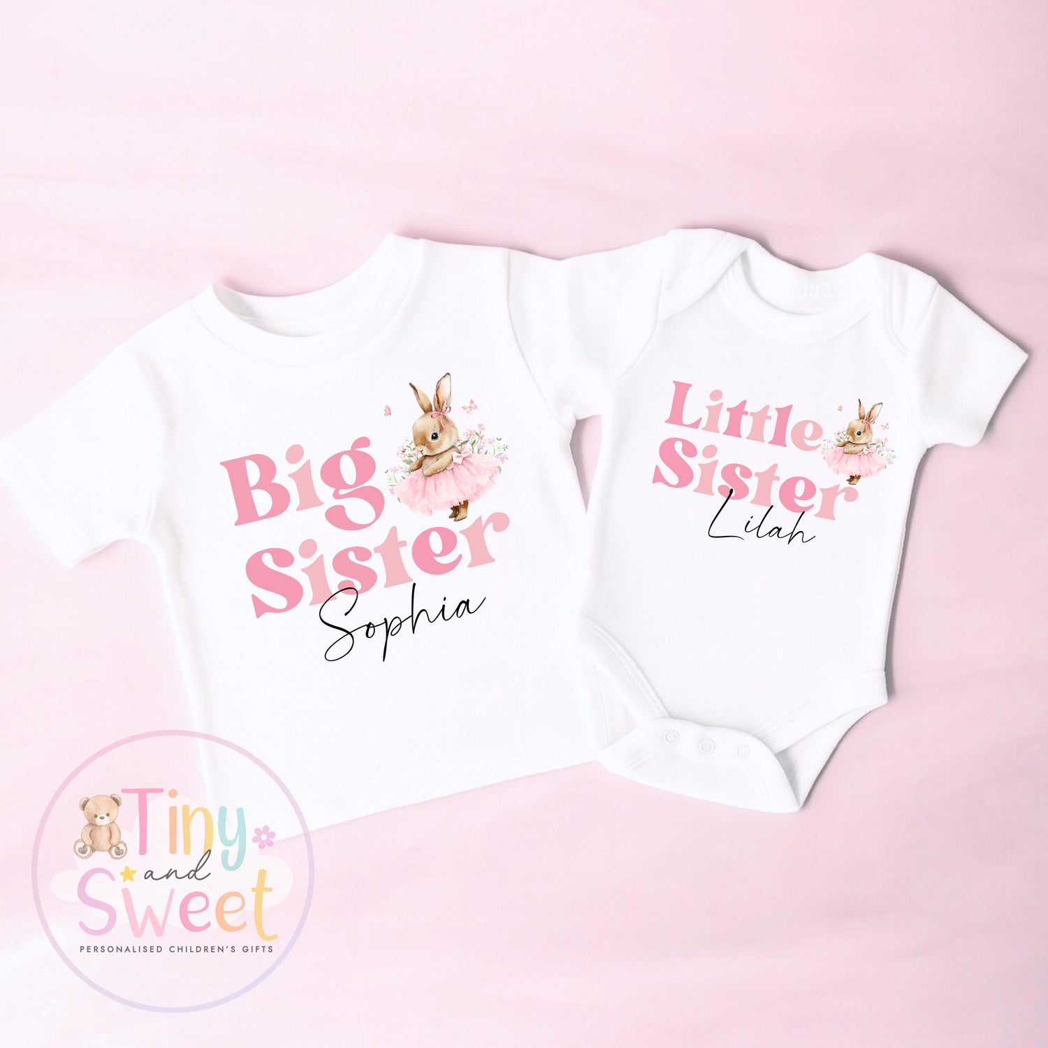 Personalised Adorable Little/Big Sister Sleepsuit T Shirt: Pink Bunny Design for Newborn Baby Announcement &amp; Sibling Gift