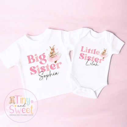 Personalised Adorable Little/Big Sister Sleepsuit T Shirt: Pink Bunny Design for Newborn Baby Announcement &amp; Sibling Gift