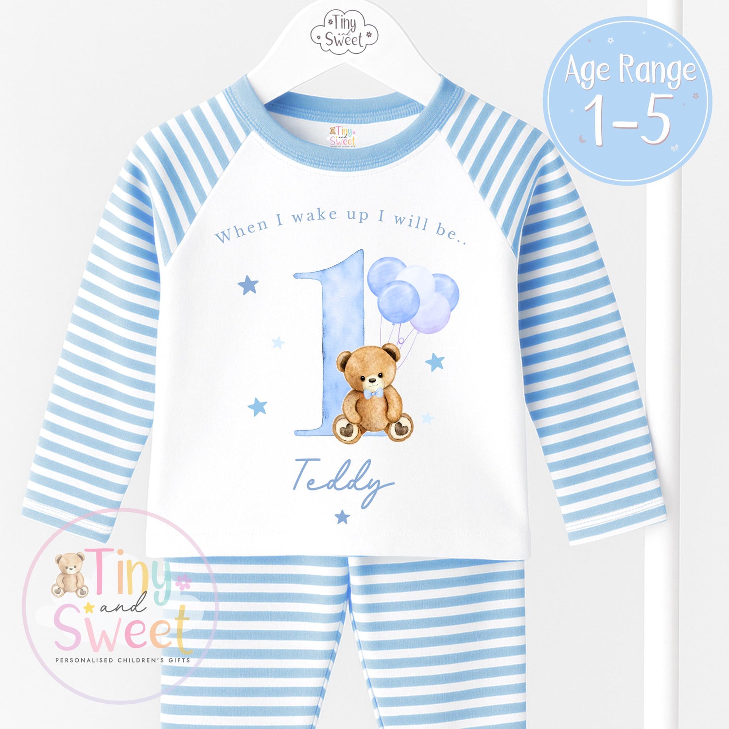 Personalised Birthday Pyjamas - Blue Number Teddy Bear