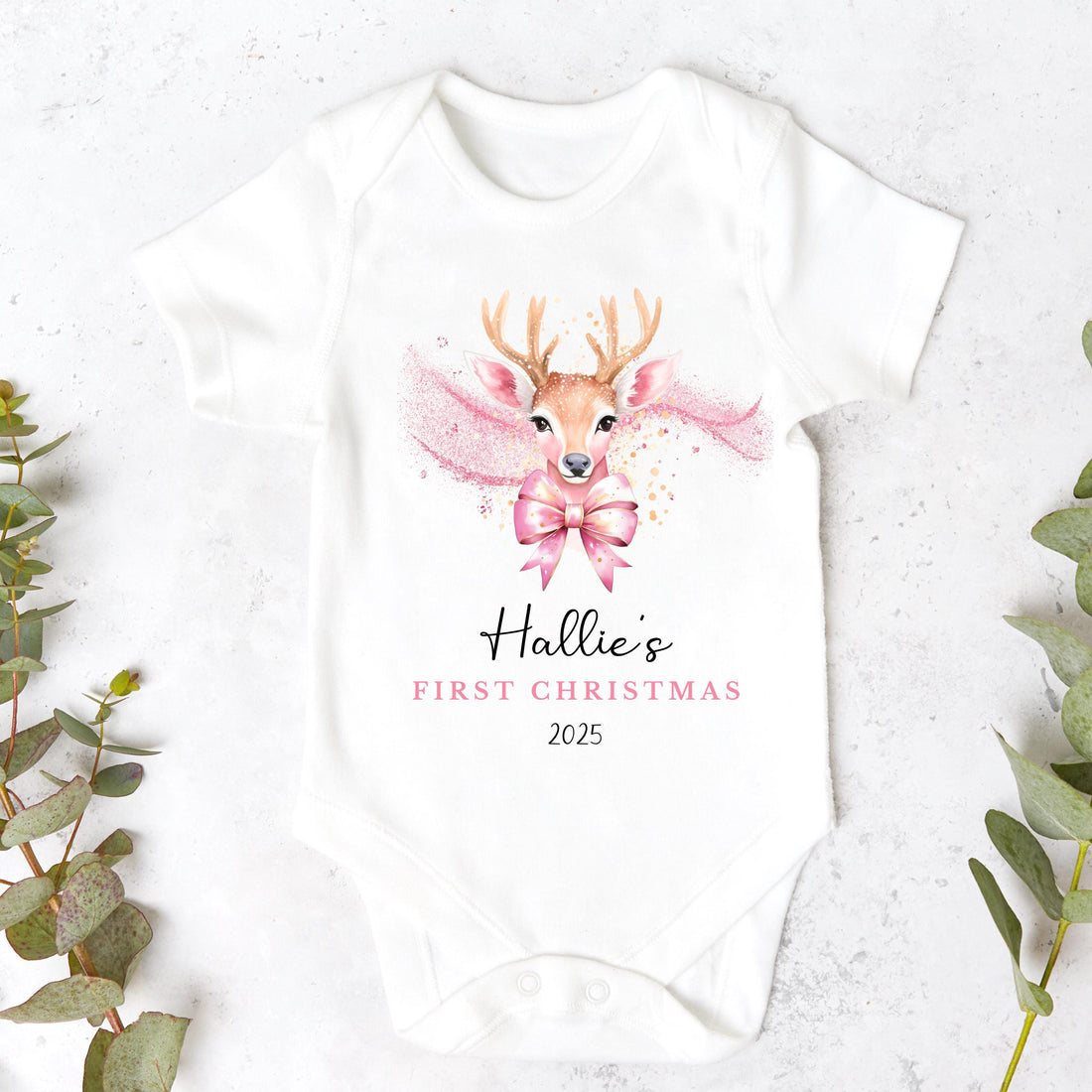 Personalised Babies First Christmas Sleepsuit, Babies 1st Xmas Gift Idea, Pyjamas, 1st XmasBabygrow, Christmas Outfit for baby,Pink Reindeer