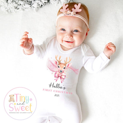 Personalised Babies First Christmas Sleepsuit, Babies 1st Xmas Gift Idea, Pyjamas, 1st XmasBabygrow, Christmas Outfit for baby,Pink Reindeer