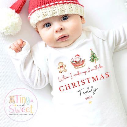 When I wake up it will be Christmas Sleepsuit, Christmas Eve Pyjamas, Christmas Nightwear, Childrens Christmas Vest, First Christmas