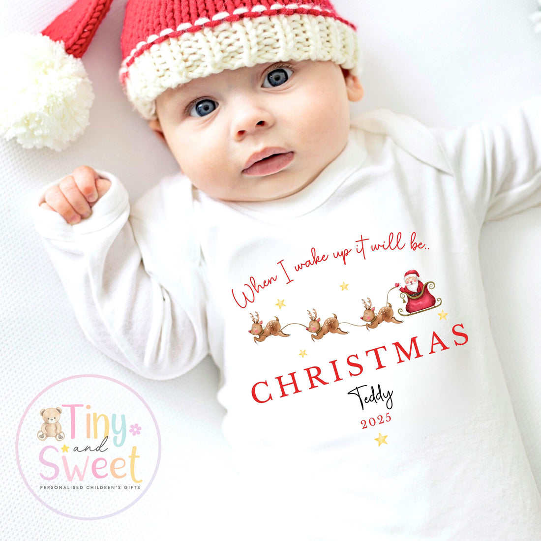 When I wake up it will be Christmas Sleepsuit, Christmas Eve Pyjamas, Christmas Nightwear, Childrens Christmas Vest, First Christmas