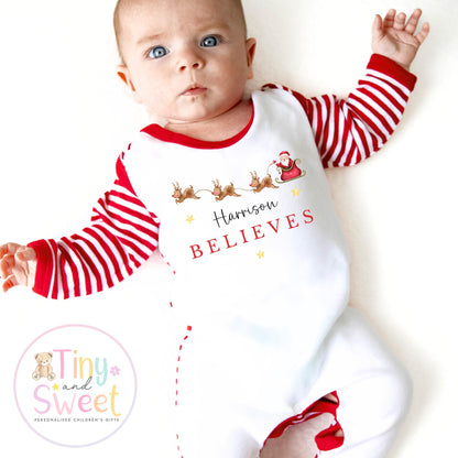 Christmas Believes Sleepsuit, Christmas Eve Pyjamas, Christmas Nightwear, Childrens Christmas Vest, First Christmas